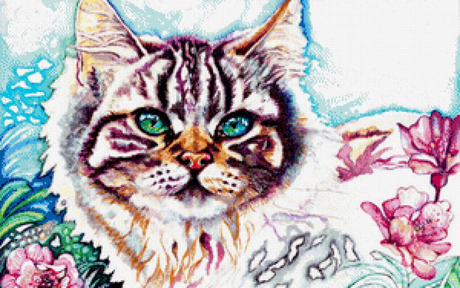 портрет кота - цветы, живопись, кошка, акварель, глаза - предпросмотр