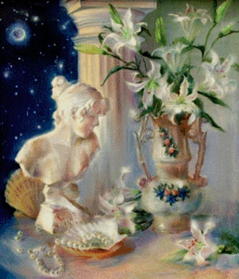 картина - ваза, колонна, жемчуг, статуя, ракушка, лилия, цветы, живопись, луна - предпросмотр