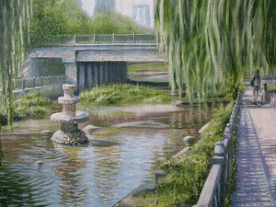 парк - пруд, живопись, природа, фонтан, дорога, вода, картина, мост, ива - предпросмотр