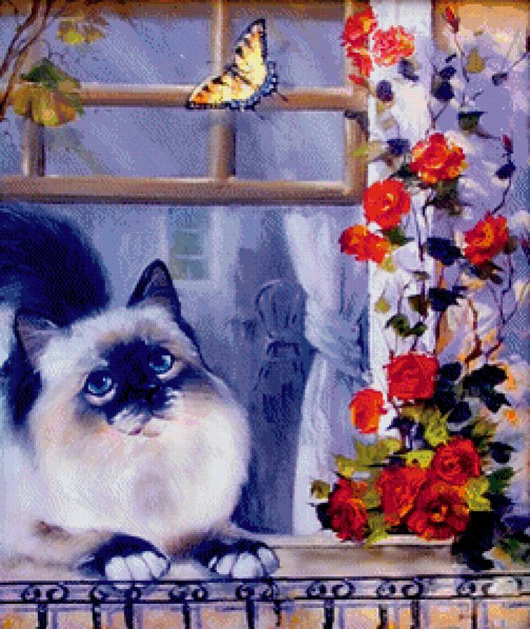 кот на окне - роза, бабочка, окно, розы, живопись, город, дом, кошка, цветы - предпросмотр