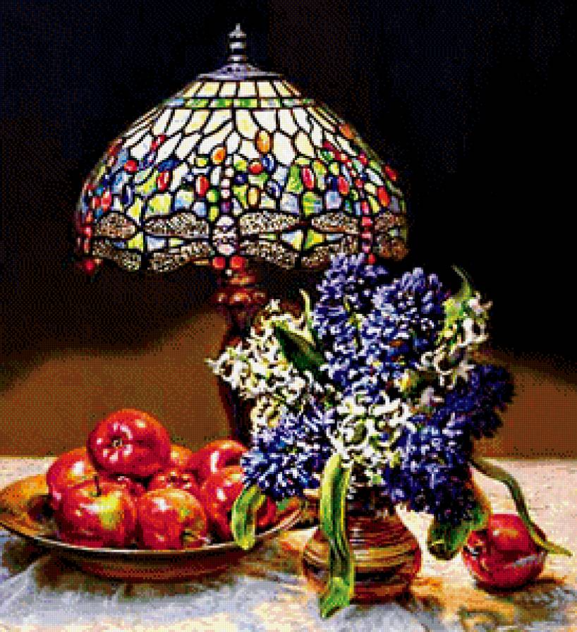 натюрморт - картина, букет, ваза, фрукты, живопись, лампа, гиацинт, яблоко - предпросмотр