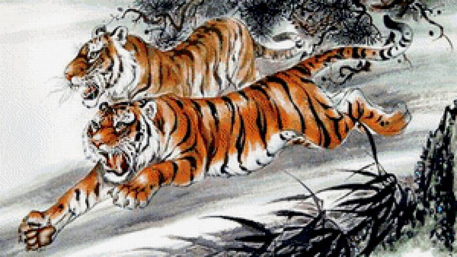 живопись востока - пара, тигр, восток, хищник - предпросмотр
