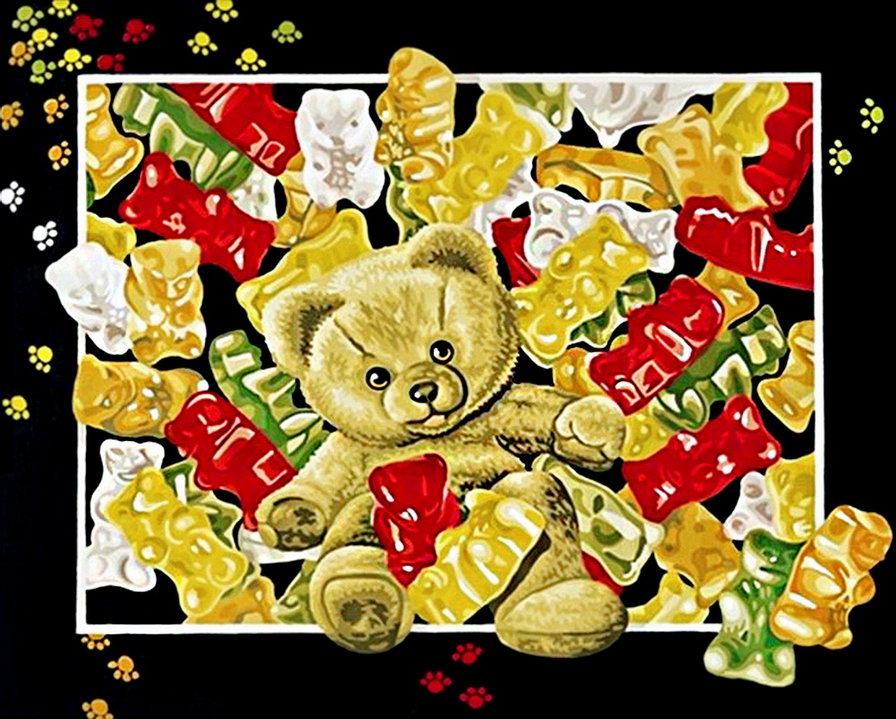 мишка и конфеты - живопись, картина, игрушка, сладости, детское - оригинал