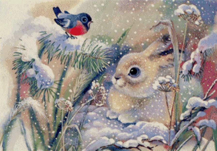 Зайчик со снегирем - зима, детская, животные, пейзаж - предпросмотр