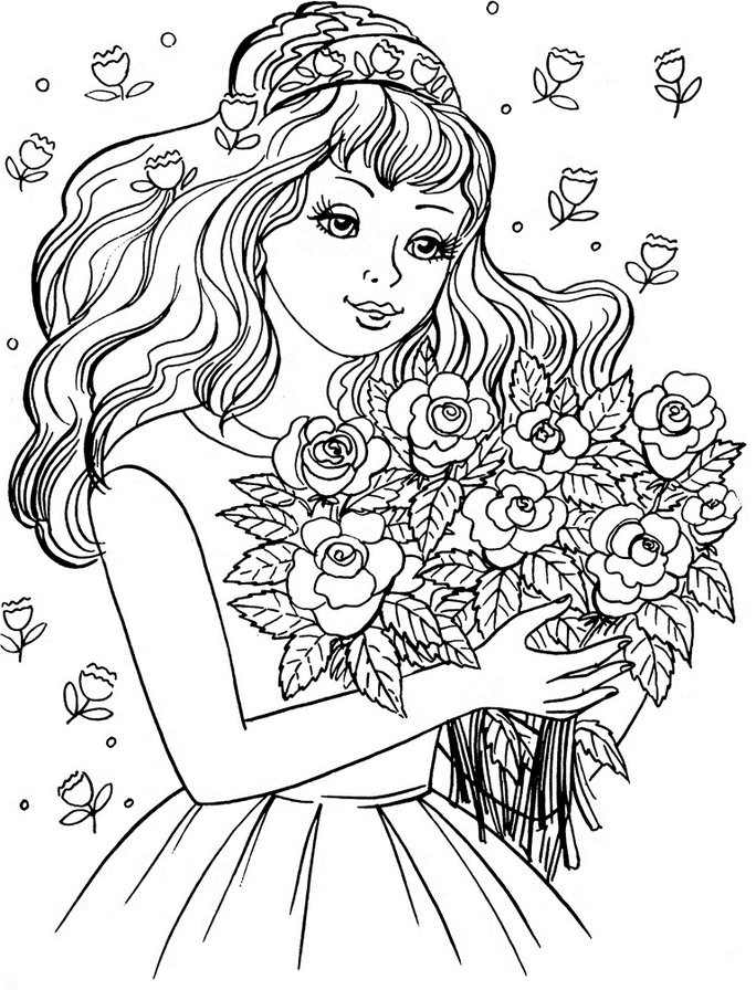 Девушка с букетом цветов - красавица, девушка, контурная, монохром - оригинал
