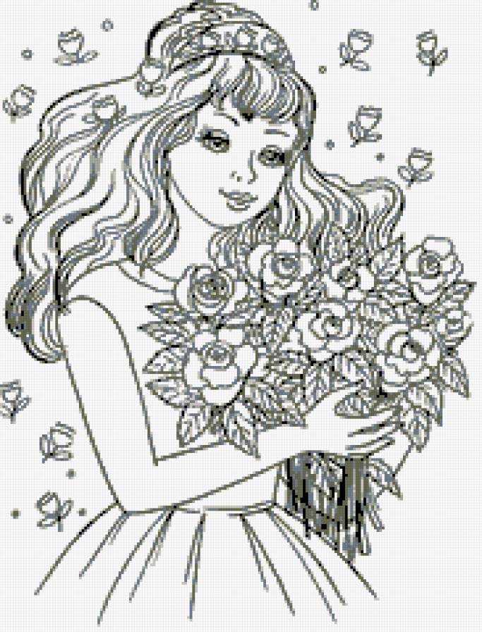 Девушка с букетом цветов - девушка, контурная, монохром, красавица - предпросмотр