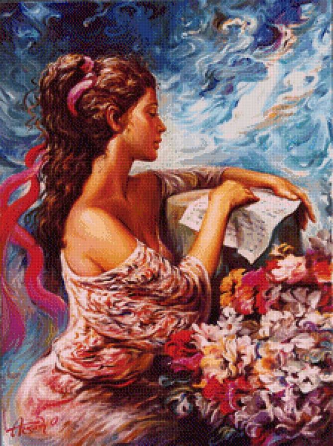 Любовное послание - красавица, цветы, дама, девушка - предпросмотр