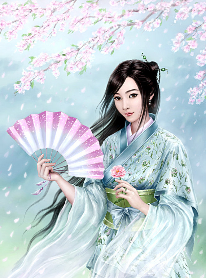 женская красота(серия) - сакура, девушка, японка, фэнтези, женский образ, веер - оригинал