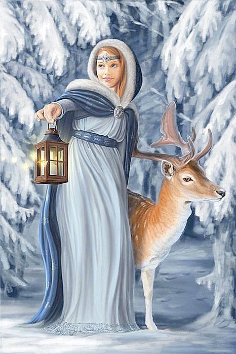 Зимняя сказка по картине Ruth Sanderson - олень, люди, животные, зима, сказка, живопись, лес - оригинал