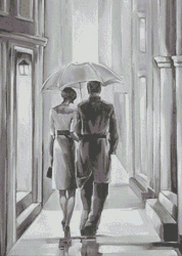 Прогулка под дождем - романтика, люди, свидание, дождь, прогулка, зонт, монохром, пара - предпросмотр