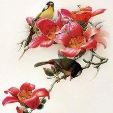 Птички на ветке с цветами. Зеркало-2.