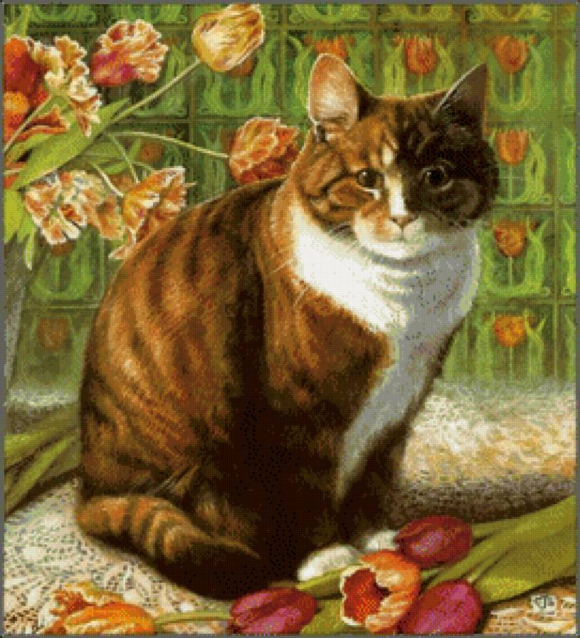 Киска и тюльпаны - цветы, букет, тюльпаны, кошки, животные - предпросмотр