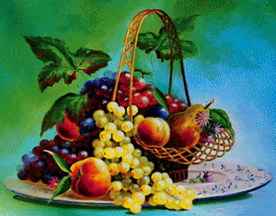 корзина с фруктами - живопись, кухня, картина, цветы, виноград, натюрморт, груша, персик - предпросмотр