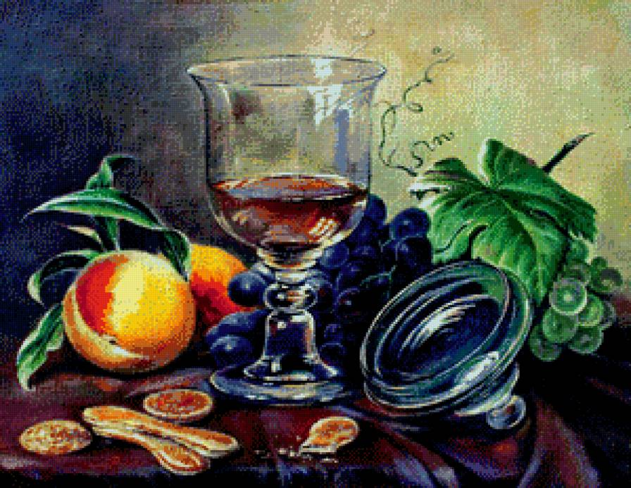 старинная картина - печенье, фрукты, натюрморт, персик, виноград, бокал, живопись,  - предпросмотр