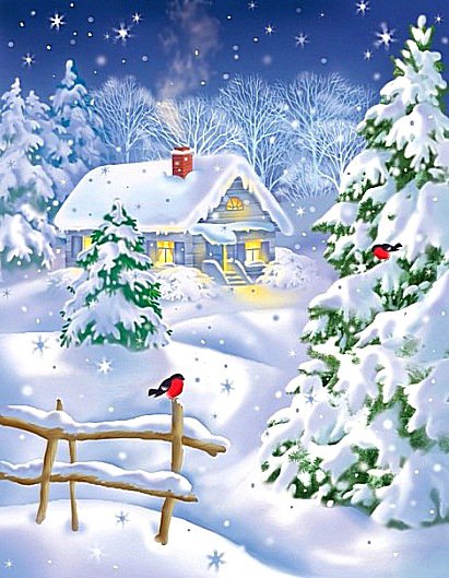 Волшебница-зима... - елочки, ночь, лес, луна, снег, звезды, домик, пейзаж - оригинал