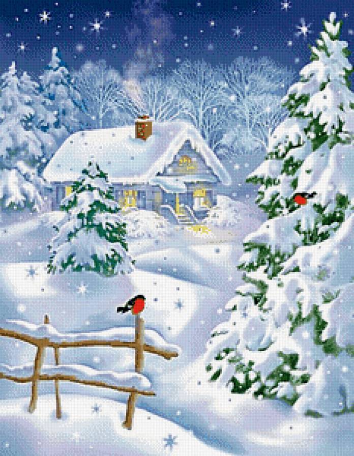 Волшебница-зима... - звезды, лес, елочки, ночь, домик, снег, пейзаж, луна - предпросмотр
