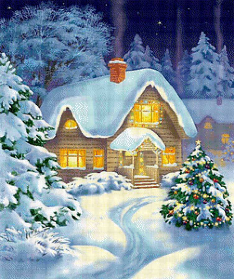 Волшебная ночь - зима, ночь, луна, пейзаж, елочка, домик, снег - предпросмотр