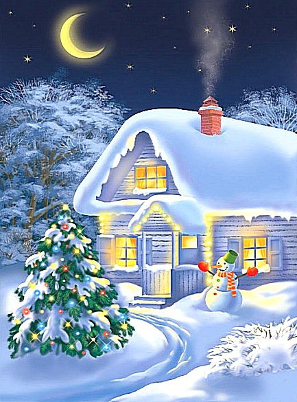 Волшебница-зима... - луна, пейзаж, елочка, зима, ночь, снег, домик - оригинал