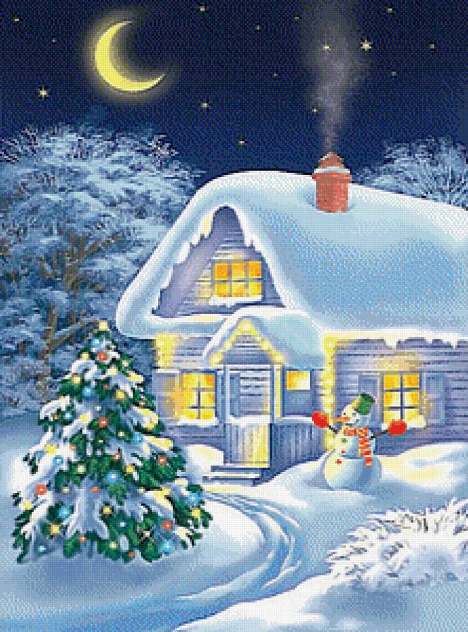 Волшебница-зима... - домик, елочка, ночь, зима, пейзаж, снег, луна - предпросмотр