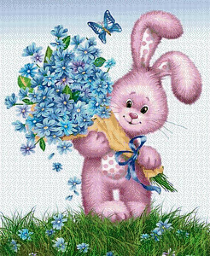 Поздравление зайца с днем рождения. Заяц с букетом. Заяц с цветами. Красивая детская открытка. Открытка с зайчиком.