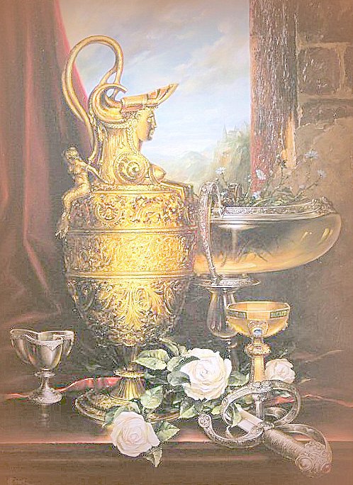 Натюрморт с золотой вазой-2 - натюрморт, розы, цветы, ваза - оригинал