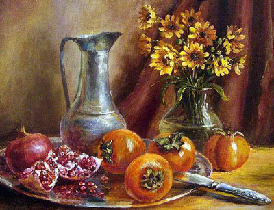 Натюрморт с хурмой. - фрукты, хурма, гранат, кувшин, натюрморт - оригинал