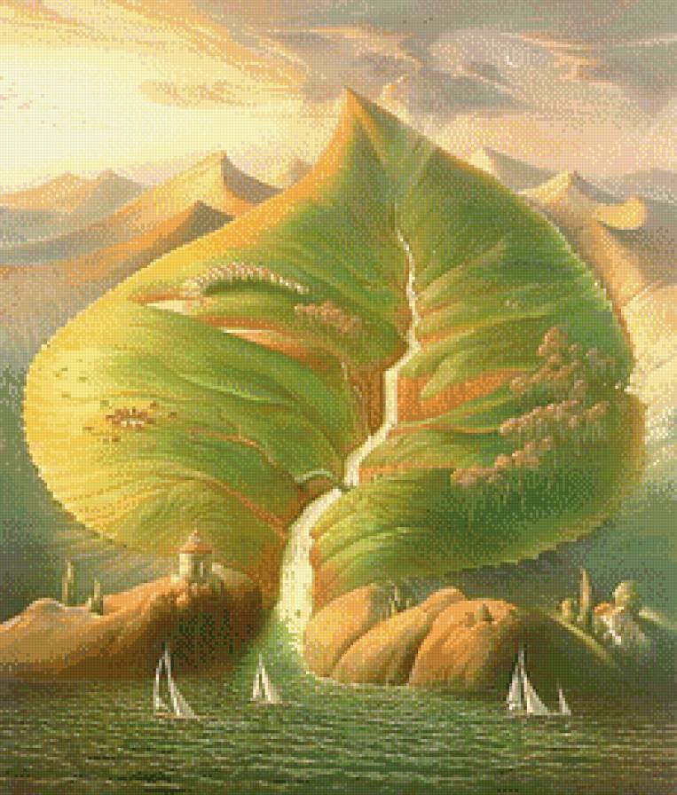 Фантазии от В.Куша (живопись) - море, парусник, фэнтези, водопад, пейзаж - предпросмотр