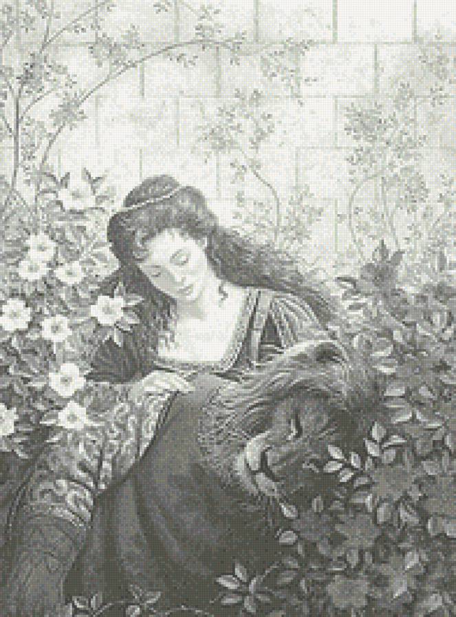 Красавица и чудовище (по картине Ruth Sanderson) - люди, женщина, любовь, сказка, дама, романтика, девушка, монохром - предпросмотр