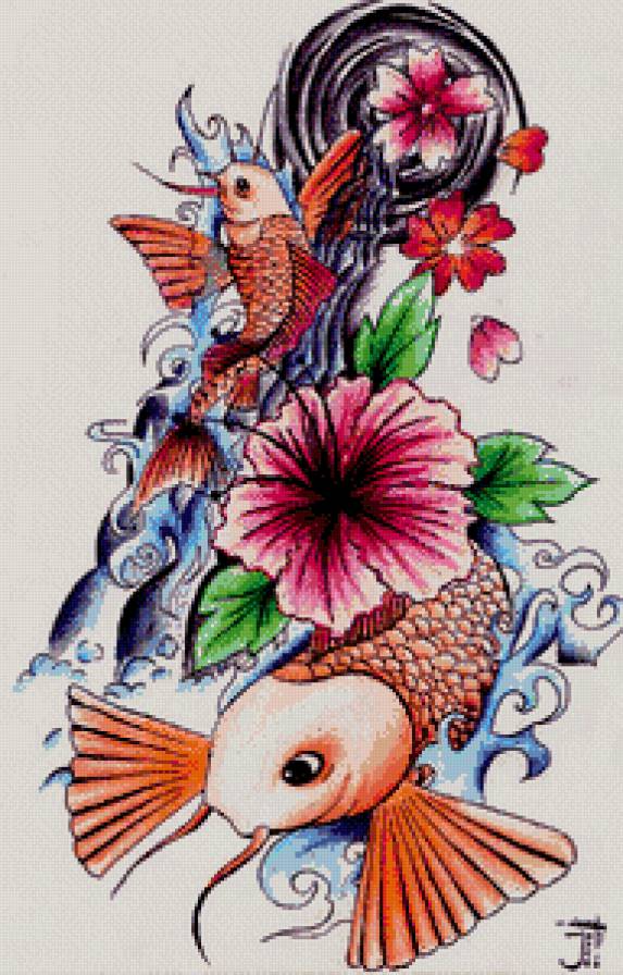 Японская живопись - рыбы, азия, цветы, восток - предпросмотр