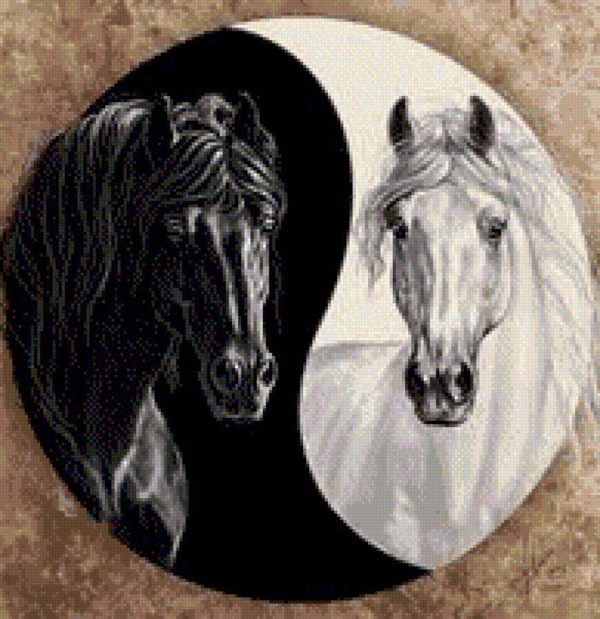 кони ( инь и янь) - лошади, год лошади, подушка - предпросмотр
