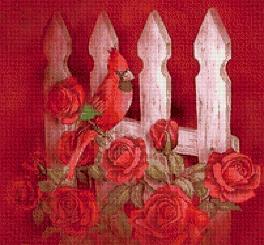 птички( подборка) - красное, розы, цветы, птицы, заборчик - предпросмотр