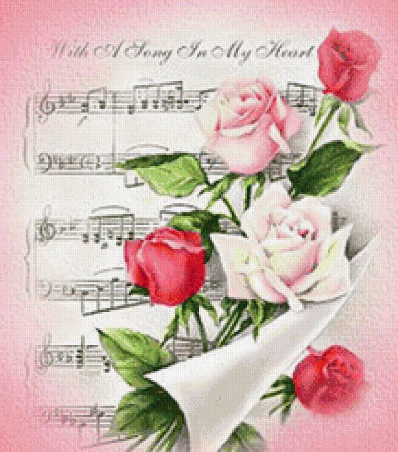 романтика - ноты, цветы, музыка, красиво, розы - предпросмотр