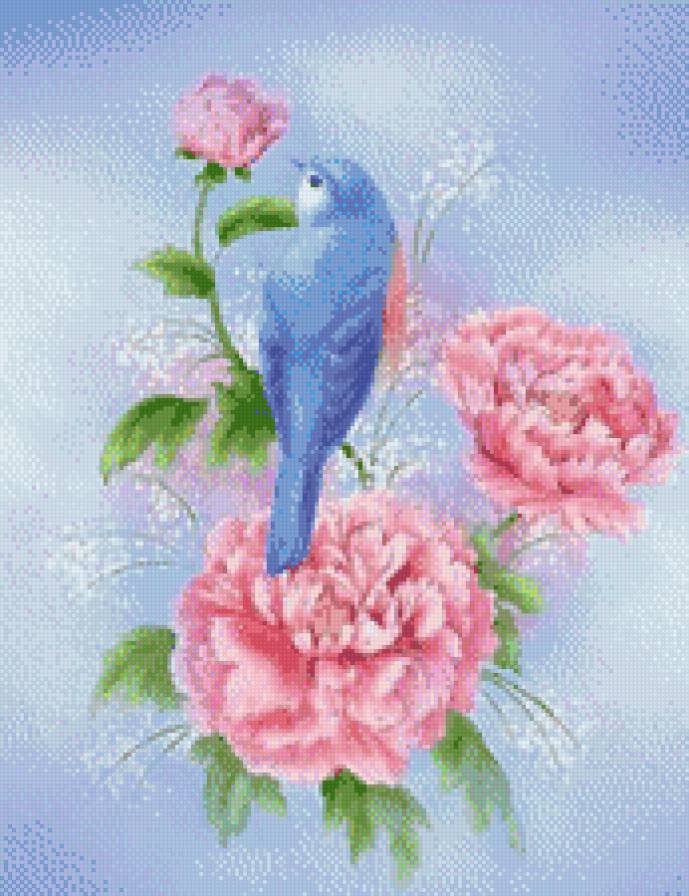 птичка на цветке - букет, цветы, птицы, пион - предпросмотр