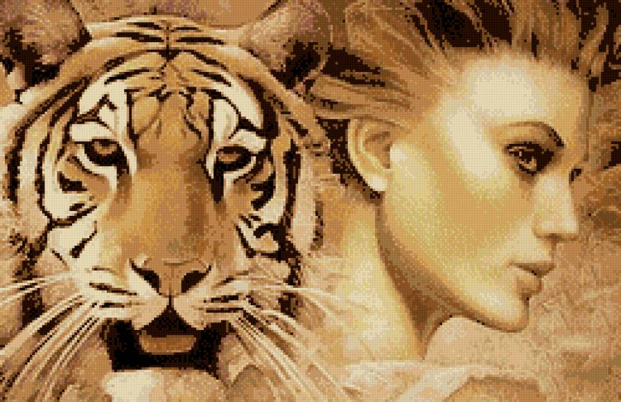Дама с тигром - дама, тигры, сепия, животные, девушка, женщина, люди, большие кошки - предпросмотр