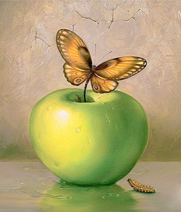 Эволюция гусеницы в бабочку-ФЭНТЕЗИ (живопись) - яблоки, фрукты, гусеницы, фэнтези, насекомые.бабочки, жвопись - оригинал