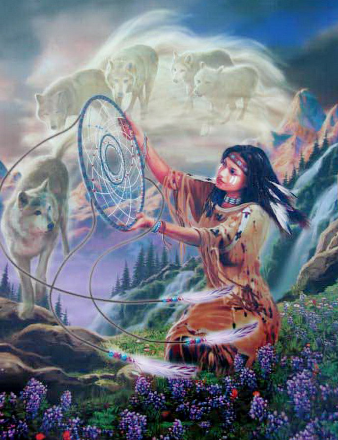 ловец снов - картина, природа, волк, женщина, гора, цветы, фэнтези, живопись, девушка - оригинал