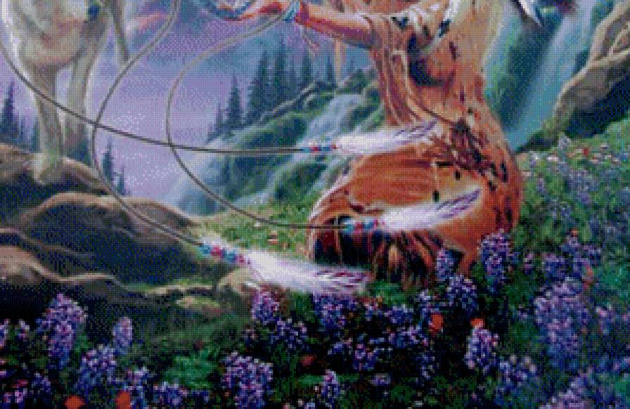 ловец снов часть 2 - картина, женщина, цветы, гора, природа, волк, живопись, фэнтези, девушка - предпросмотр