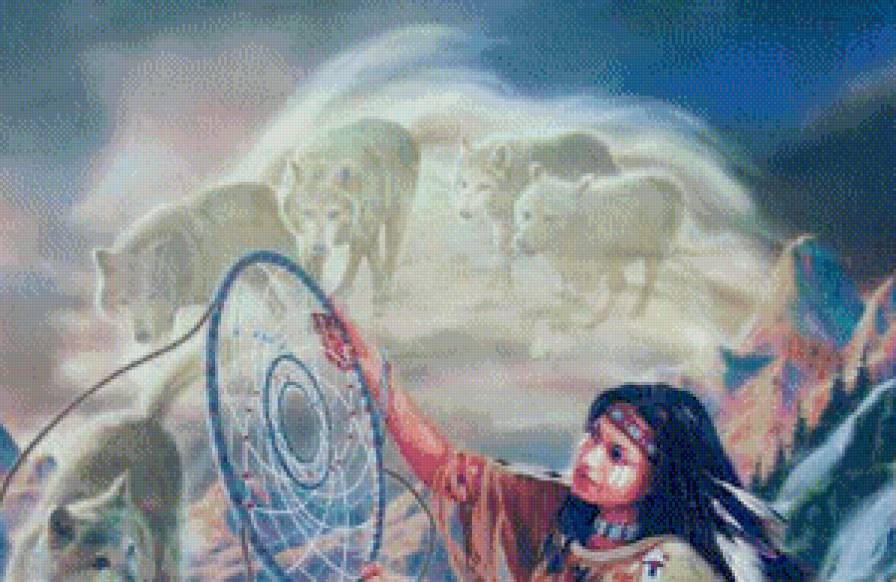 ловец снов часть 1 - цветы, девушка, волк, гора, картина, фэнтези, женщина, живопись, природа - предпросмотр