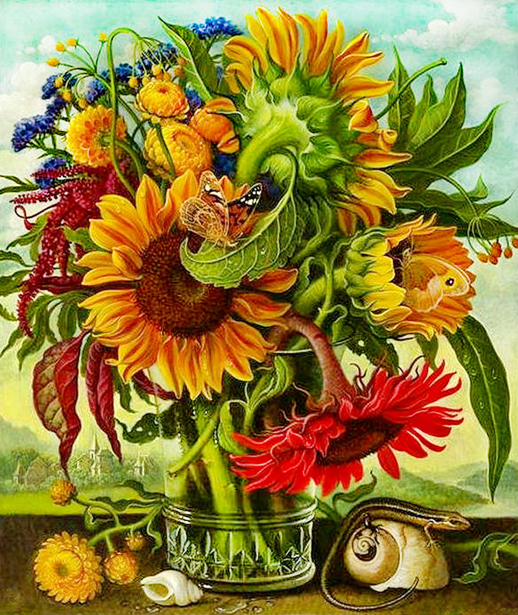 шикарные подсолнухи - живопись, подсолнух, букет, ящерица, ракушка, ваза, бабочки, цветы - оригинал