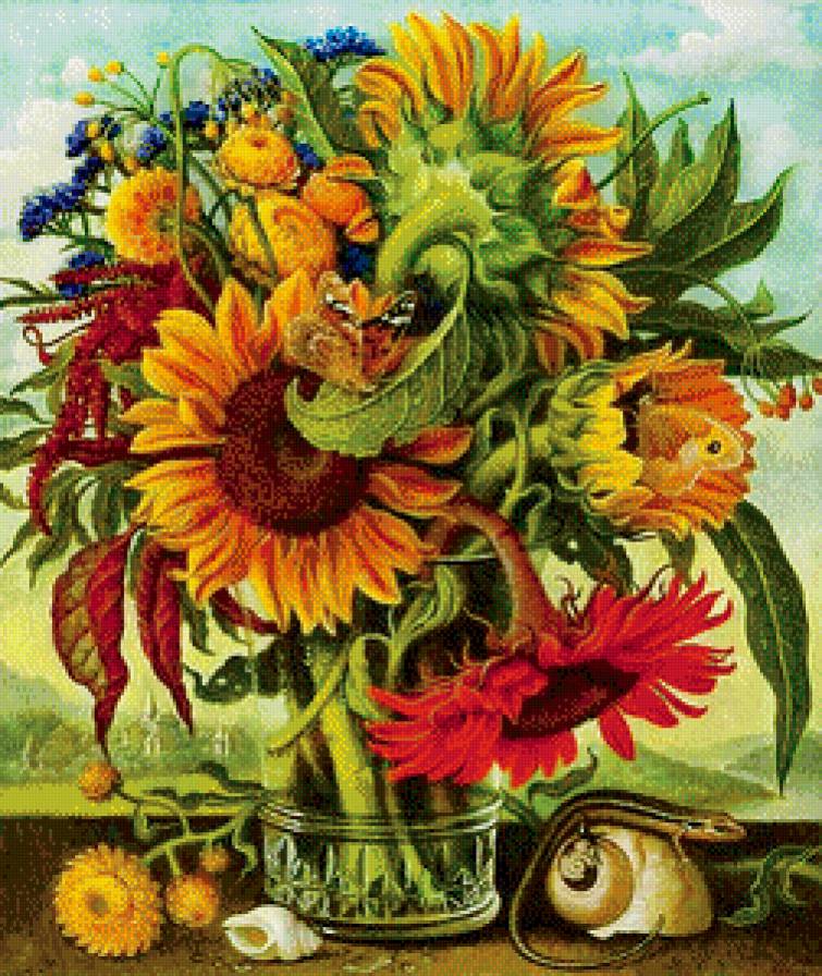 шикарные подсолнухи - ваза, ящерица, букет, бабочки, подсолнух, цветы, ракушка, живопись - предпросмотр