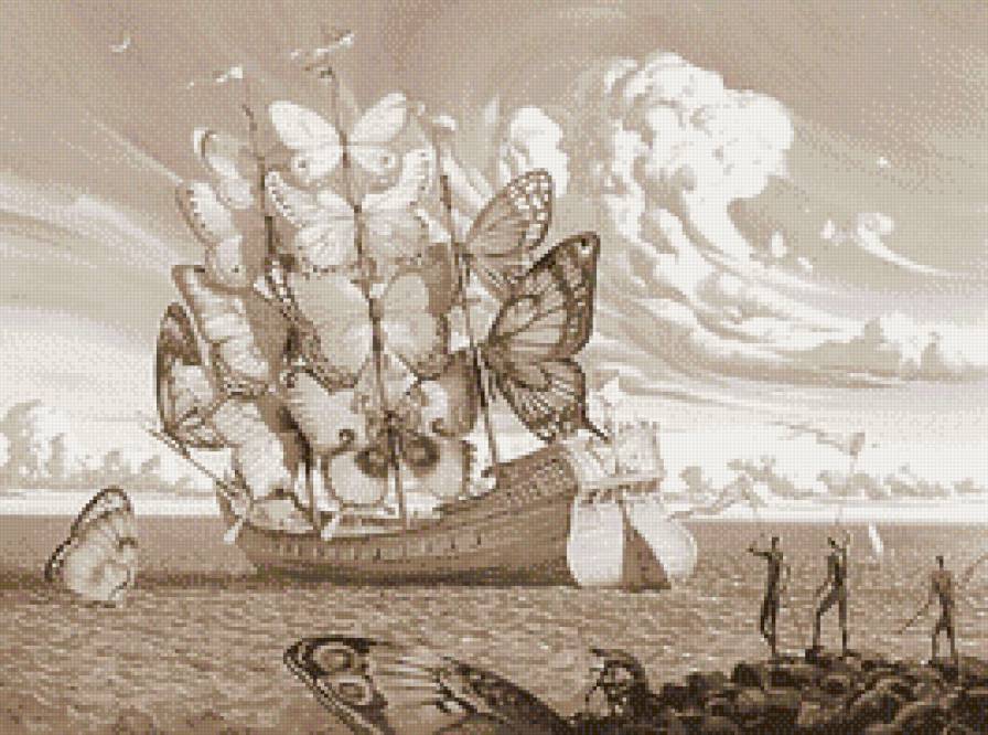 Фантазии В.Куша (живопись) - сепия, живопись, фэнтези, парусник, море - предпросмотр