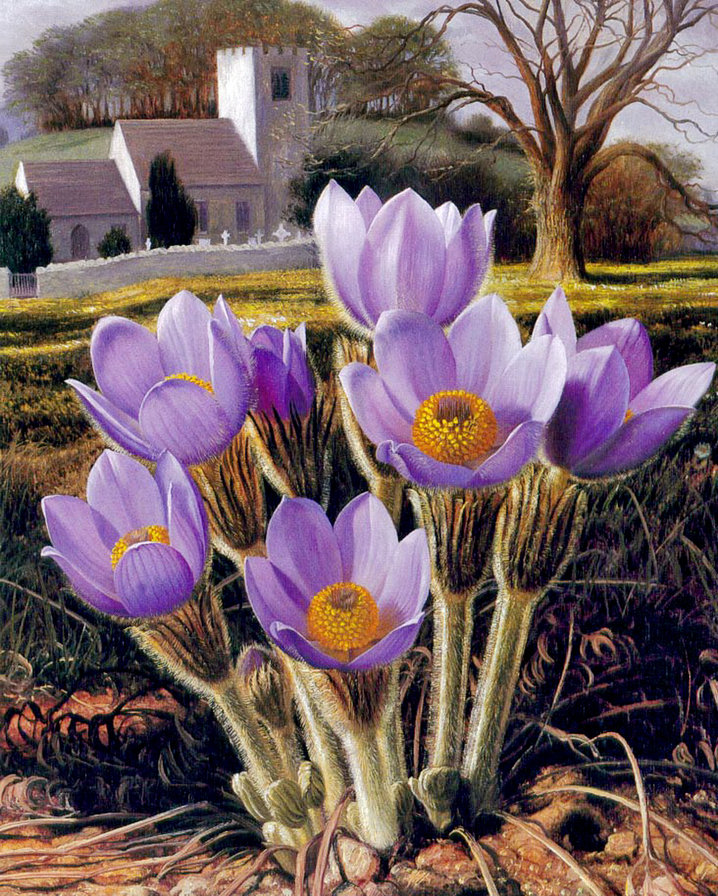 весна пришла - дом, природа, живопись, дерево, цветы, первоцвет, картина - оригинал