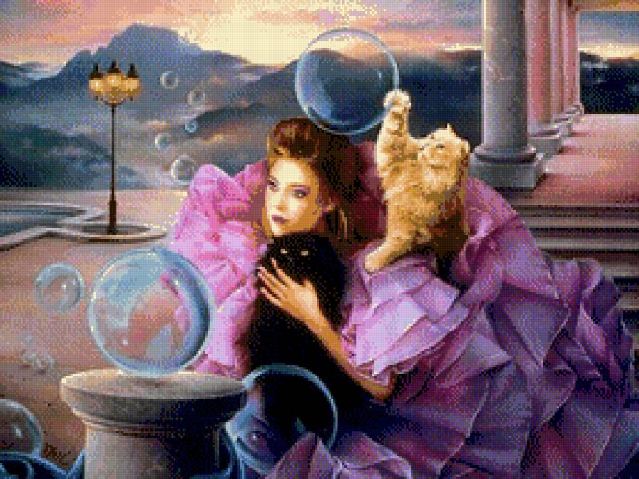 Девушка и котята - кошки, девушка, картины - предпросмотр