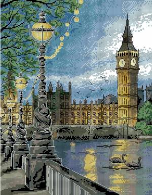 вечерний Лондон - город, пейзаж, часы, фонари, вечер, река, лебеди - оригинал