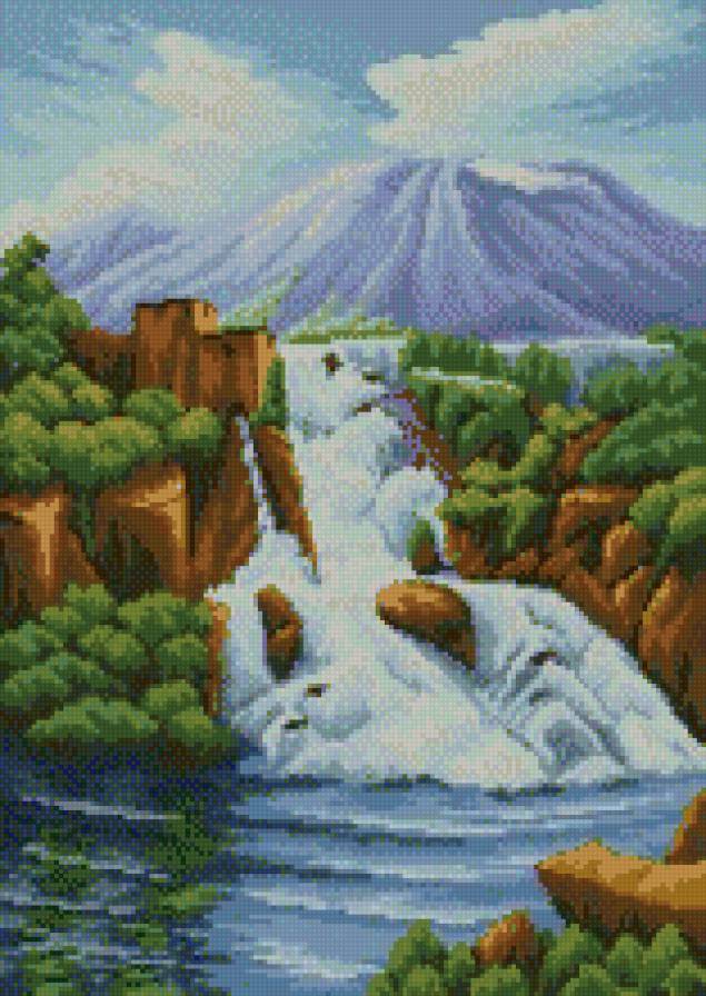 пейзаж с водопадом - водопад, пейзаж, природа, горы - предпросмотр