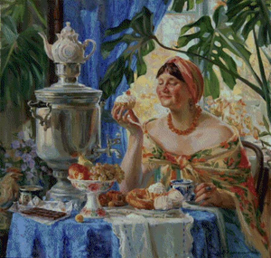 Чаепитие - девушка, натюрморт - предпросмотр