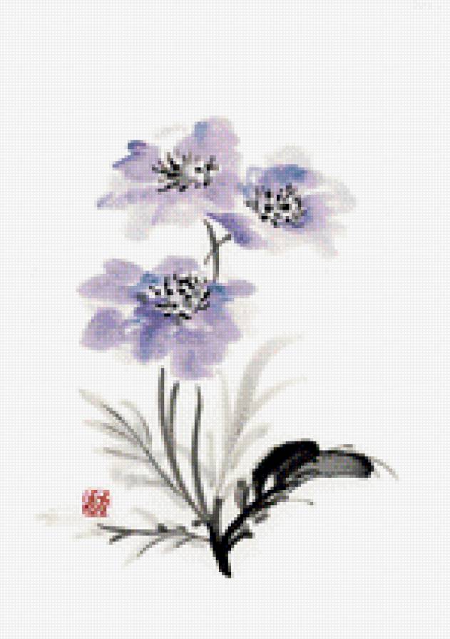 анемоны - цветы, китайская живопись - предпросмотр