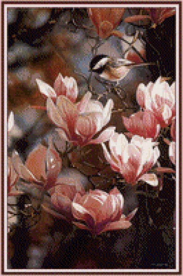 0171 - лето, синичка, птицы, цветы, картина, красота, природа - предпросмотр