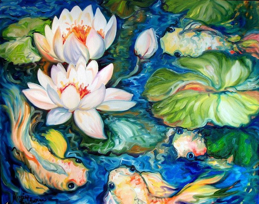 Лотосы и рыбки - цветы, рыбки, лотосы - оригинал