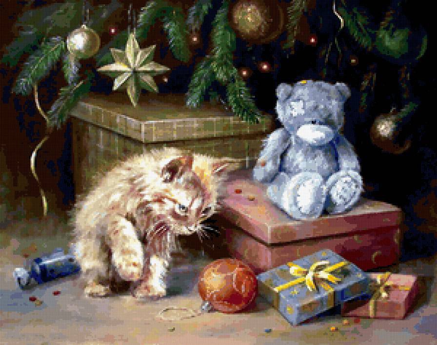 новый год - рождество, снег, елочка, подарки, елка, новый год, котенок - оригинал